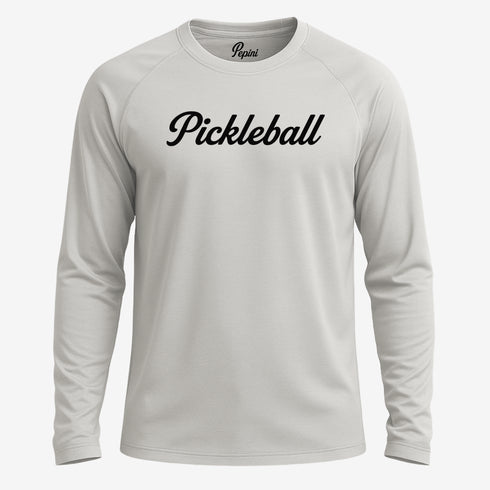 Gray long-sleeve shirt with 'Pickleball' text on a white background